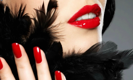 Red Lips - girl, feathers, lips, painted nail