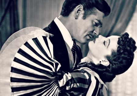 Gone with the Wind (1939) - woman, love, actress, couple, girl, movie, vivien leigh, black, clark gable, gone with the wind, white, kiss, man, stripes, actor