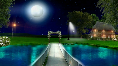 ~*~ Sweet Night ~*~ - nature, lake, landscape, full moon, hd wallpaper, night, cottafe, bridge