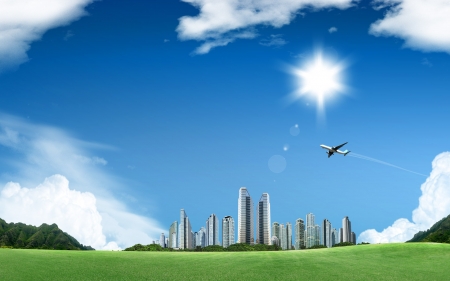 future city - city, building, field, plane