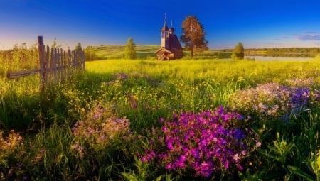 Rural nature - sky, fence, russia, peaceful, summer, meadow, village, rural, church, beautiful, flowers, grass, photo