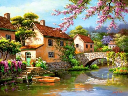 Boating - stairs, flowers, bridge, boat