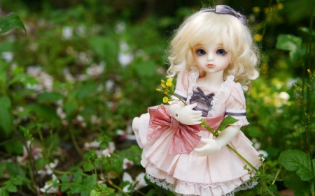 Blonde Doll - blonde hair, flower, toy, doll