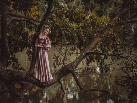 The Secret Garden - women, lake, trees, forest, reflection, woods, river, water