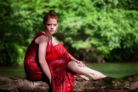 Summer Beauty - sitting, redhead, water, elegant, white, river, sunny, tree, teen, cute, outdoor, girl, glamour, fashion, summer, portrait, pose