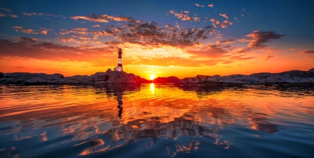 Lighthouse at sunset - lighthouse, beautiful, sea, reflection, glow, sunset, bright, fiery, sky