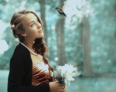 What news brings you to me ? - beauty, girl, forest, lovely, bird