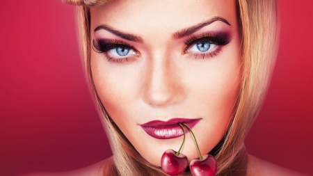 Blonde with Cherry - a look, art, make up, blue eyes