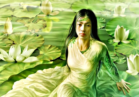 Beauty on the lake - woman, lake, girl, tang yuehui, fantasy, lotus, art, green, duckweed