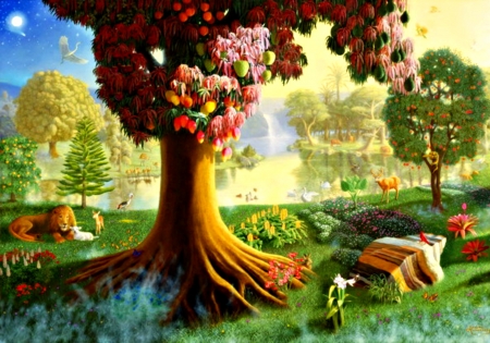 Heaven - lion, fantasy, deer, heaven, fruit, painting, art, pink, red, animal, green, tree, flower