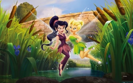 Vidia and Tinker Bell - anime, yellow, vidia, tinker bell, fantasy, purple, green, movie, fairy, couple, disney