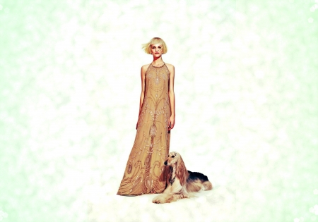 Ginta Lapina - woman, girl, model, ginta lapina, white, dog, animal, green, by cehenot, blonde, dress