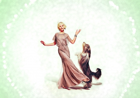 Ginta Lapina - woman, girl, funny, model, ginta lapina, white, dog, animal, green, blonde, dress