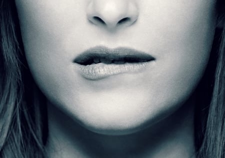 Fifty Shades of Grey (2015) - fifty shades of grey, dakota johnson, black, bw, white, poster, lips, movie, woman