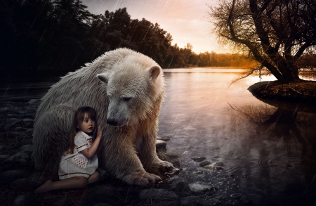 Her Big Friend - girl, artwork, bear, polar bear, water, sunset