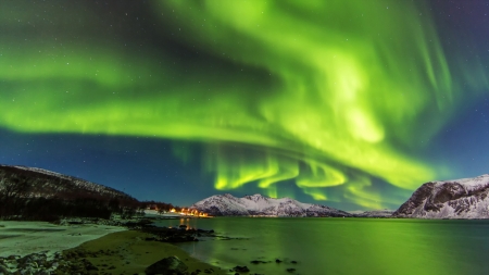 Northern lights over the Lake - night, lake, stars, lights