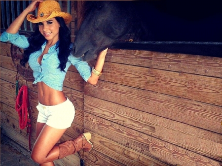 Cowgirl Look - women, fun, female, boots, hats, fashion, models, brunettes, western, barns, girls, cowgirls, style, stalls, horses, ranch