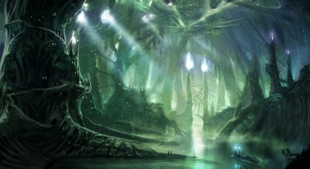 The UnderWorld - fantasy, lights, boat, river