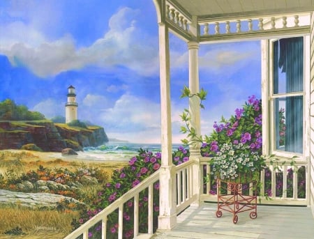 Summer Dreams - summer, attractions in dreams, paintings, sea, seaside, flowers, lovely still life, nature, porch, lighthouses, love four seasons, draw and paint