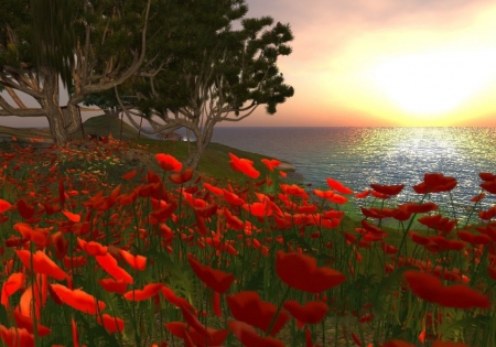 Colorful Sunset Landscape - trees, blossoms, red, painting, artwork, Poppies, sun