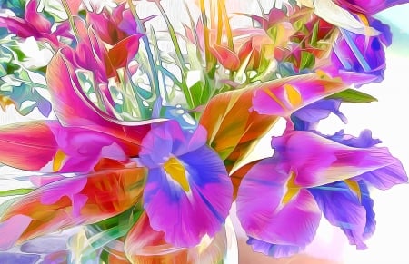 Flowers - blue, flower, pink, white, purple, red, green, painting, iris, art