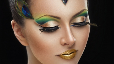 Make up - girl, peacock feathers, eyelashes, shadow