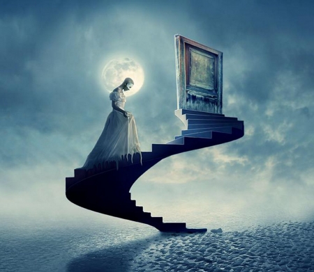 Upstairs - woman, stairs, moon, artwork, clouds