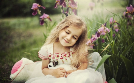 Cute Little Girl - smile, flowers, girl, bunny