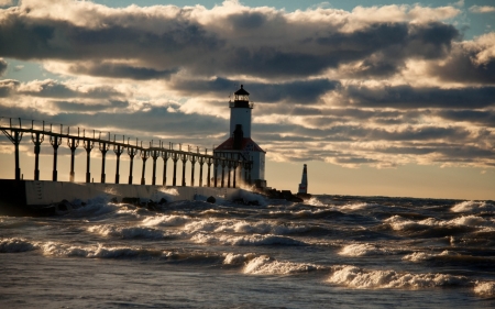 Lighthouse - lighthouse, ocean, wave, port