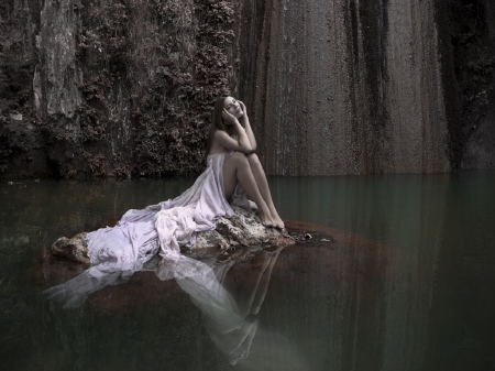 Day Dreamer - women, water, day dreaming, beauty, reflection, lace gown, rocks