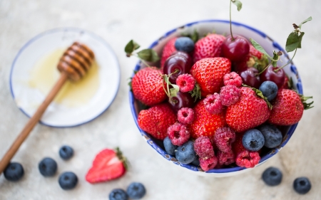 Fresh Fruits - cherrry, berries, blueberries, honey