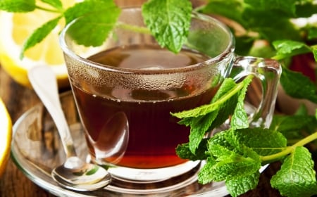 Lemon Tea - spoon, tea, green leaves, cup