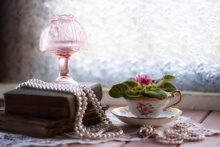 Still life with cup and pearls - pearls, beads, books, lamp, flower, pink, lantern, retro, necklace, vintage, old, violet, glass, cup