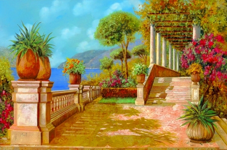 Columns And Vases On The Terrace - lake, terrace, summer, column, coast, vase, painting, nature, view, art, sea