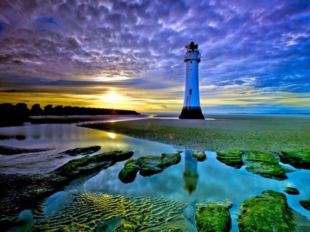 Lighthouse at Sunset - clouds, sunset, nature, lighthouse, sky