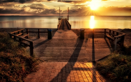 Horizon Sunset - horizon, nature, pier, reflection, sunset, sea