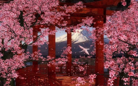 Japanese Flower Garden - blossoms, spring, pilars, cherry