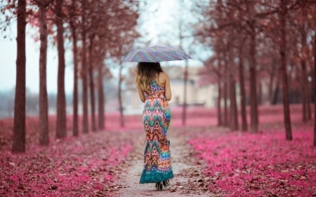 A Rain Day - street, girl, wind, umbrella