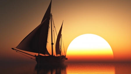 A Orange Sunset - sea, sun, sky, boat