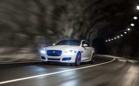 jaguar xjr - road, jaguar, tunnel, white