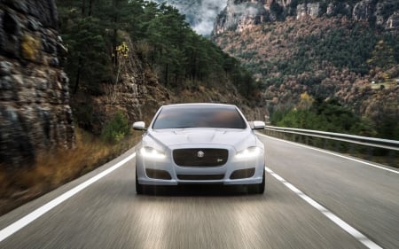 jaguar xjr - road, jaguar, white, mountain