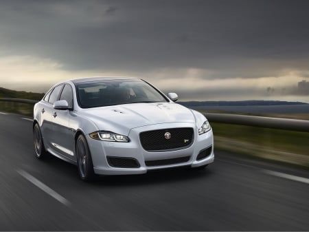 jaguar xjr - road, landscape, jaguar, white