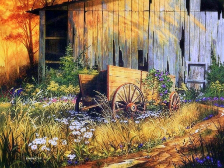 Abandoned Beauty - love four seasons, wagon, draw and paint, colors, paintings, flowers, lovely still life, farms