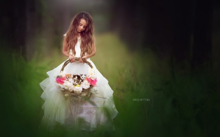 Little beauty - beauty, girl, basket, rose, white, meg bitton, green, flower, dress, little