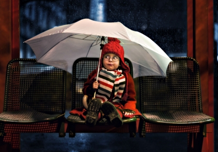 Bus stop - autumn, hat, girl, fetita, child, copil, scarf, creative, spring, white, bus stop, john wilhelm, situation, red, umbrella, bus