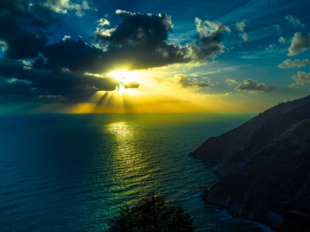 Dramatic Sunset - nature, sky, reflection, clouds, sunset, mountains