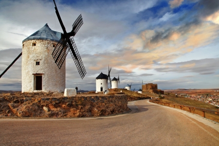 Windmills in Spain - sky, landscape, clouds, mills, road