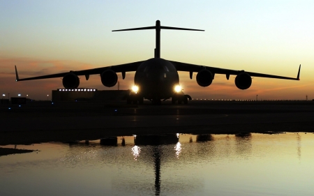 Take off at the time of sunset - aircraft, water, amazing, sunset