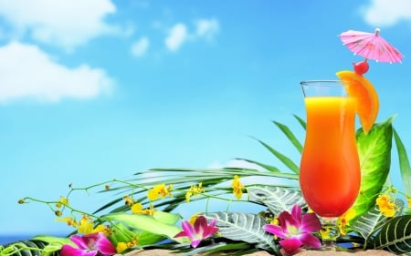 Summer Cocktail - summer, photo, cocktail, flowers, SkyPhoenixX1, holiday, fruit, fruits, sky, clouds, abstract, vacation, photography, orange, drink, season, glass