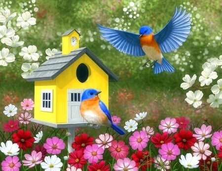 Bluebirds & Yellow Birdhouse - lovely flowers, birds, spring, birdhouse, flowers, bluebirds, garden, cute, love four seasons, animals